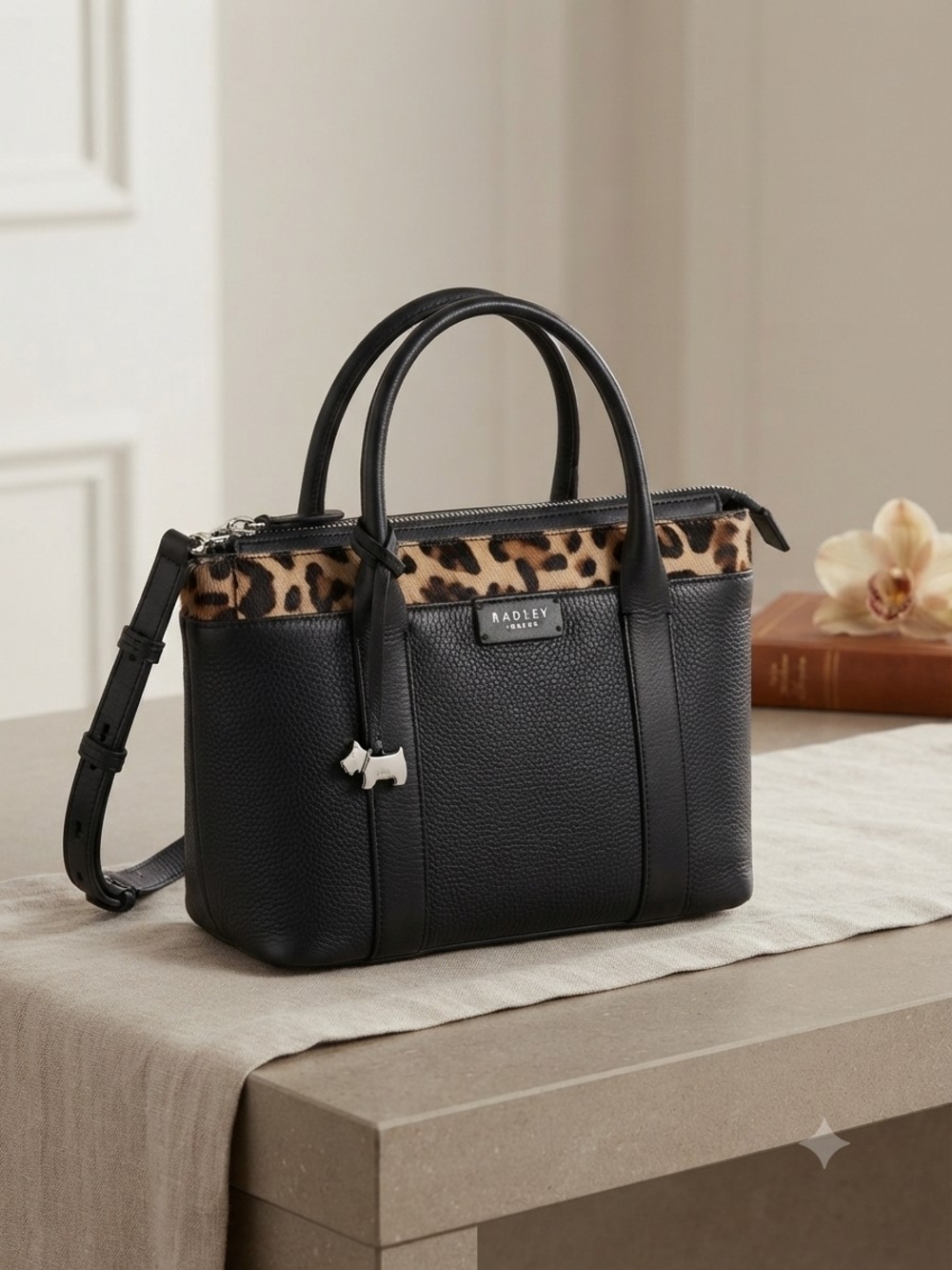 Radley London Black Leather & Leopard Calf Hair Satchel Crossbody Bag
